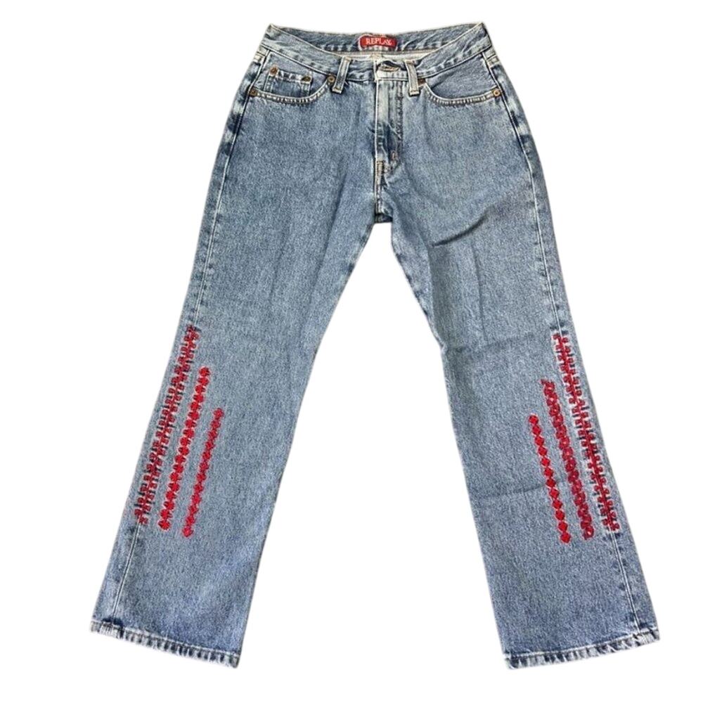 Replay Jean Women 36 26x24 Cropped Denim Blue Straight Leg Embroidered Italy Vtg